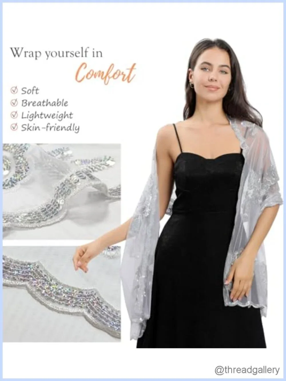 Women Sequin Flower Sheer Wrap Shawl for Dress Formal Evening